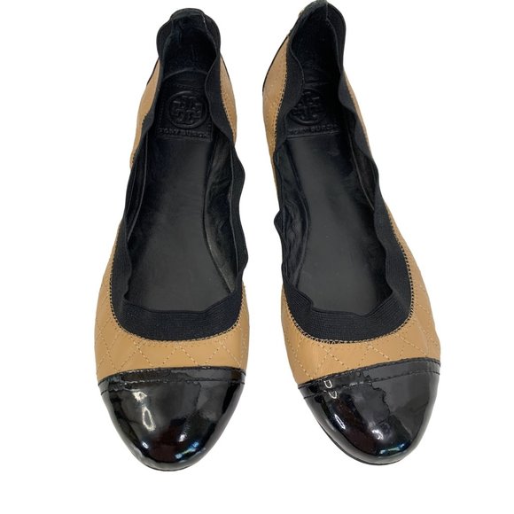 9.5 Tory Burch Quilt Scrunch Bridgette Leather Ballet Flats Black Toe Cap - Picture 1 of 12